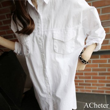 【ACheter】大碼女裝口袋韓版中長款白色襯衫# 119391 (現貨+預購)