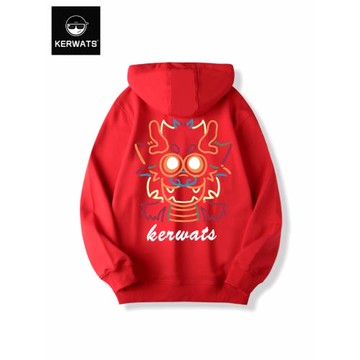 KERWATS可維斯品牌大碼男女情侶無性別龍圖案印花新款連帽衛衣
