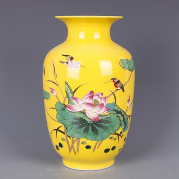 清乾隆黃地粉彩荷花花鳥冬瓜瓶仿古中式家居餐廳瓷器擺件古董古玩1入