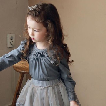 特價韓版秋款女童T恤衫兒童女孩純色蕾絲花邊打底衫全棉上衣童裝