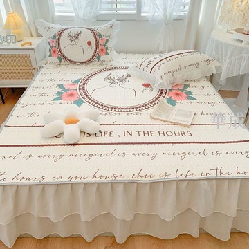 夏季雙層花邊乳膠冰絲涼席三件式少女心軟席子可機洗床蓆可折冰絲席