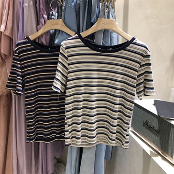 泫雅條紋短袖t恤女夏寬松韓版ins潮原宿bf風怪味古著半袖上衣