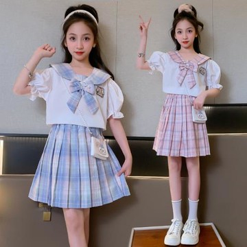 女童JK套裝裙韓版六一表演服短袖夏裝學院風女孩百褶裙兩件套潮