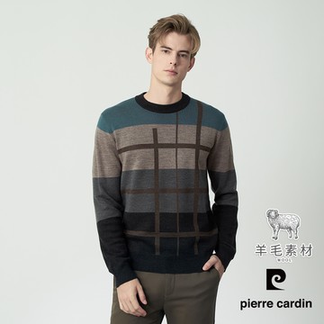 【pierre cardin 皮爾卡登】男款 配色緹花圓領毛衣-卡其色 (5255473-83)