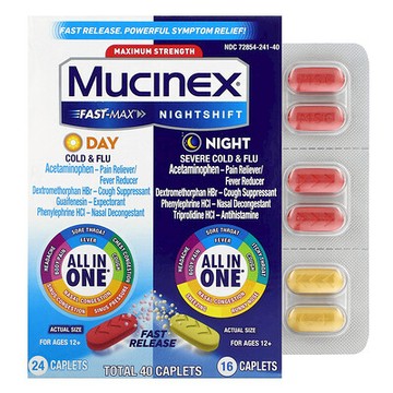 Mucinex, Fast-Max Day Cold&Flu and Nightshift Night Severe Cold&Flu，特強型，適合 12 歲以上兒童，2 瓶，40 囊片