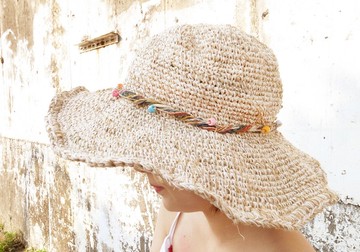 棉麻編織帽 手工編織 草帽 大帽簷 遮陽帽 彩色串繩