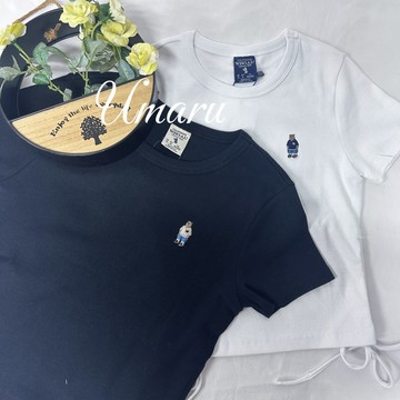 WHO.A.U 短袖 短T 短tee 綁帶 蝴蝶結 迷你熊 女版 短版上衣 whoau who a u 修身 韓國代購