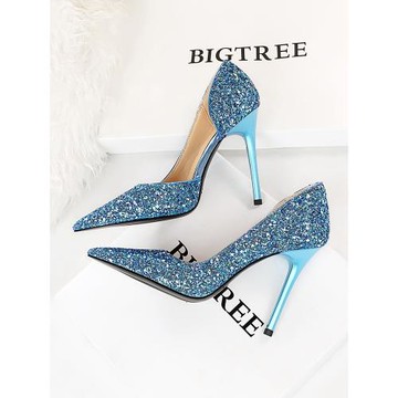 性感宴會高跟鞋細跟亮片銀色婚鞋水晶鞋側鏤空成人禮大碼伴娘單鞋