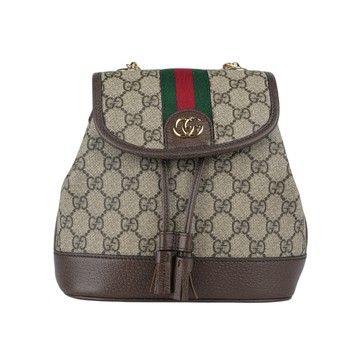 GUCCI Ophidia 塗層帆布及綠紅織帶束口迷你後背包(米色/烏木色) 795221 96IWG 8745