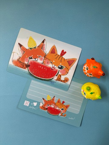 Hellog!小雀班-夏日吃西瓜-300象牙卡圓角雙面明信片