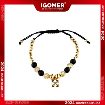 IGOMER歐美嘻哈金色箭頭滿鉆黑曜石手鏈抽繩情侶嘻哈百搭送男友
