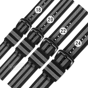 Watchband / 18.20.22.24 mm / 各品牌通用 快拆錶耳 鍍黑不鏽鋼扣頭 尼龍帆布錶帶 黑灰色＃804-31-BKGY-B
