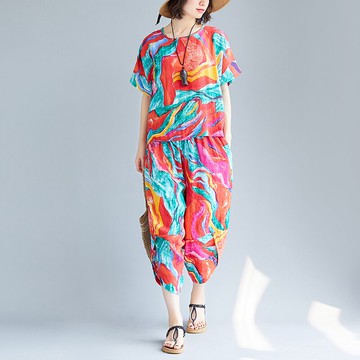 夏季大碼女裝寬松短袖復古風T恤+闊腿休閑七分褲棉麻兩件套裝1入