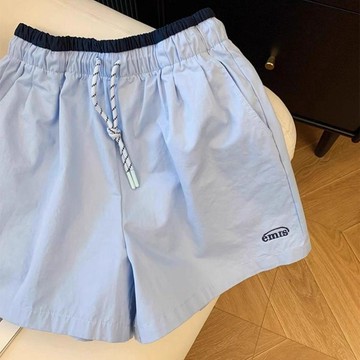 【韓版鬆弛感】拼接腰頭短褲 女 夏季 2026 抽繩 寬鬆 慵懶風 休閒 運動短褲 女 短褲 慵懶
