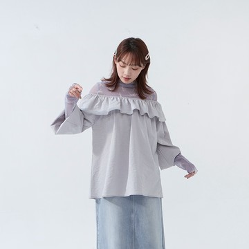 皺皺紋理一字領荷葉設計上衣 兩色售