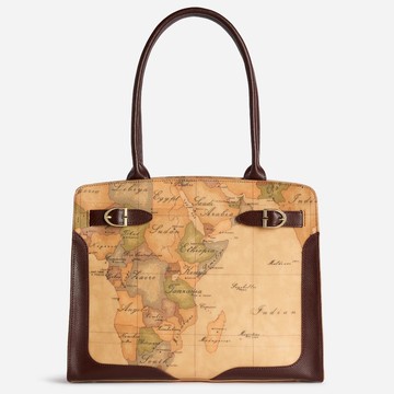 【Alviero Martini 義大利地圖包】皮革釦環裝飾 長把側揹包33cm-地圖黃x深咖啡