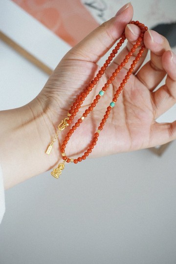 天然南紅黃財神項鏈 搭配天然綠松石圓珠南紅項鏈 新中式國風