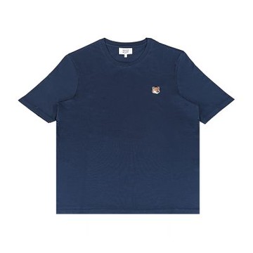MAISON KITSUNE 狐狸頭刺繡LOGO布標設計純棉圓領短袖T恤(男款/墨藍)