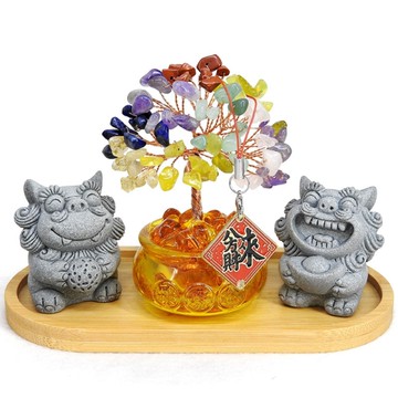 【吉祥開運坊】水晶招財樹【琉璃元寶招財樹+風獅爺組合 元寶發財樹 小型】 開光 擇日