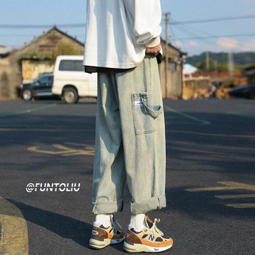 牛仔褲男款春秋新款直筒休閑長褲美式高街寬松闊腿褲歐美vibe褲子