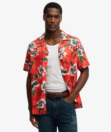 Superdry Men's Hawaiian Print Short Sleeve Shirt Red Size: L