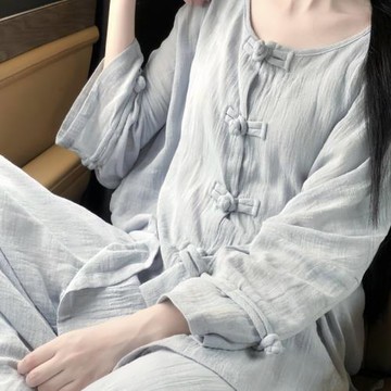 新中式國風高級感盤扣單層春秋季睡衣女新款慵懶感寬松可外穿家居