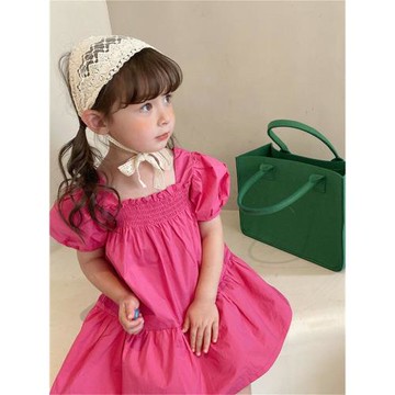 韓版洋氣純色泡泡袖中小童連衣裙