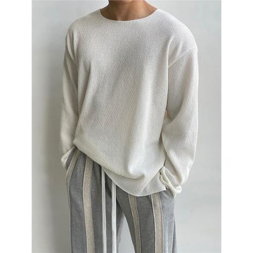 圓領長袖罩衫T恤男春夏輕薄針織衫美式寬松純色打底上衣防曬體恤