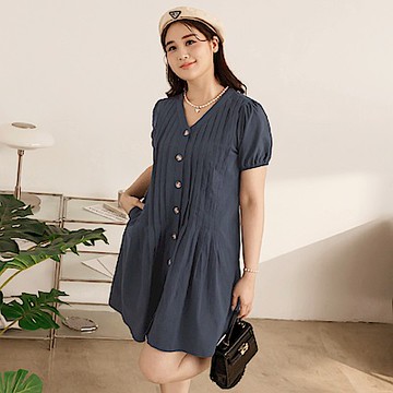 雲朵自訂款-純棉壓紋車褶開襟拋袖短洋裝-OB大尺碼