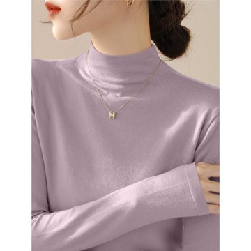 高級感超好看紫色半高領打底衫毛衣女裝春季新款修身內搭針織上衣