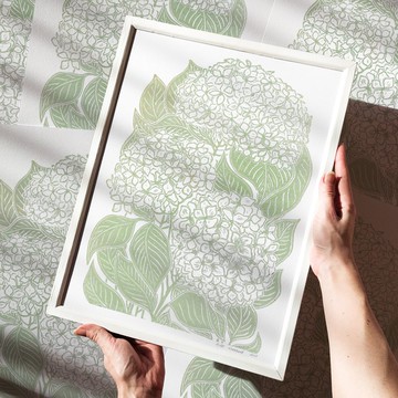 青檸奶油綠繡球花亞麻油氈版畫植物浮雕牆面藝術裝飾