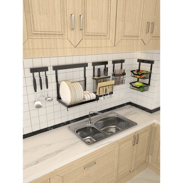 黑色不銹鋼免打孔多功能廚房刀架置物架用品放刀板菜板壁掛式插刀