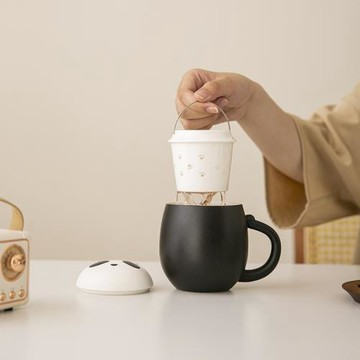 招財貓創意馬克杯子帶蓋過濾陶瓷水杯送情侶杯辦公室泡茶杯定logo