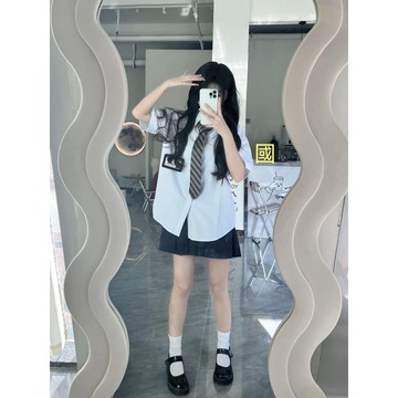【砂糖夢境】日系學院風jk制服襯衣女套裝新款上衣寬鬆短裙兩件套條紋襯衫夏