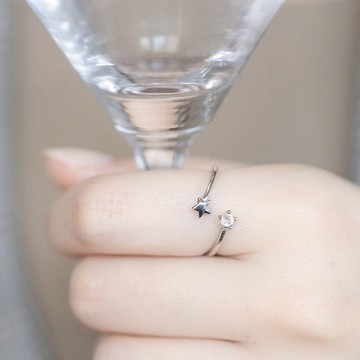 鑽面拉長石925純銀星星戒指 可調式戒指