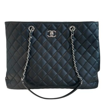 二手品 CHANEL 格紋大款肩背包 黑色