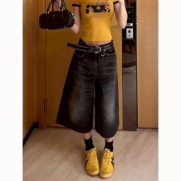 壹禾YIHOO🔸現貨隔日達 牛仔七分褲女 7分褲 黑色水洗寬鬆直筒褲 美式短褲 寬鬆短褲 闊腿褲 女生短褲 大尺碼