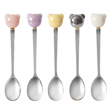 熊熊珍珠茶匙5件組  1組  棉粉紅 + 黃色 + 白色 + 紫色 + 銀色