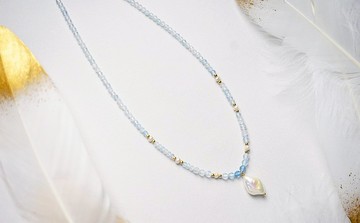 純手工14K包金天然海藍寶珍珠項鍊 可調節長短