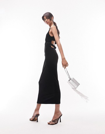 Topshop strappy back jersey velvet midi dress in black