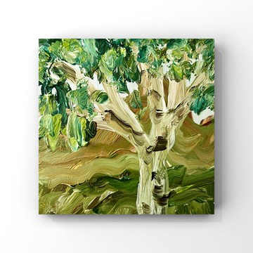 樺樹藝術印象派樺樹小油畫綠棕風景