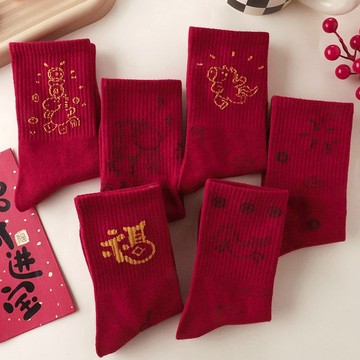 紅襪子長筒襪冬季加厚學生中筒襪中本命年大紅色