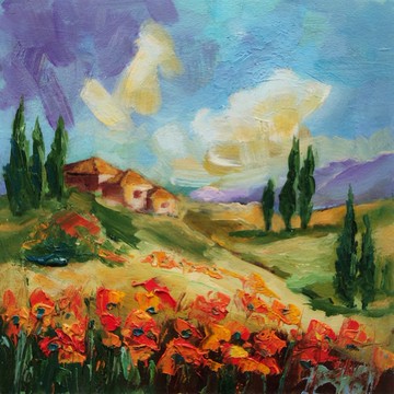 托斯卡納風景原創繪畫、罌粟花藝術、田野藝術、手工油畫 油畫原作
