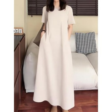 歐貨高端復古杏色短袖連衣裙女2025夏季新款寬松減齡顯瘦中長裙潮