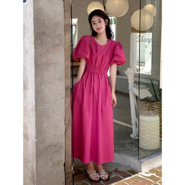 妃兒長裙女夏初戀小個子顯瘦度假小心機初戀泡泡袖短袖少女連衣裙