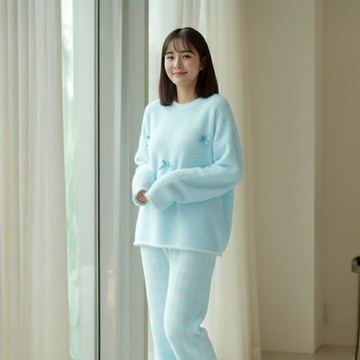 [EASY SHOP] 毛茸茸睡衣-蝴蝶結圓領上下裝-寶貝藍