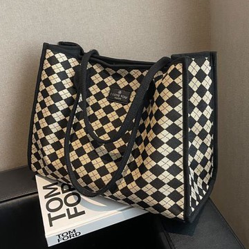 格子帆布包大容量包包女2025新款百搭手提購物袋子小眾單肩托特包