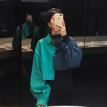秋裝女裝復古港味chic拼接撞色寬松顯瘦設計感小眾長袖襯衫女1入