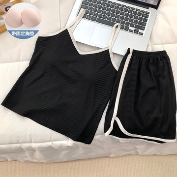 韓系甜美吊帶睡衣女 二件套帶胸墊睡衣 新款夏季睡衣 可拆式胸墊睡衣 細肩帶睡衣 居家睡衣 性感睡衣 睡裙 內搭背心裙
