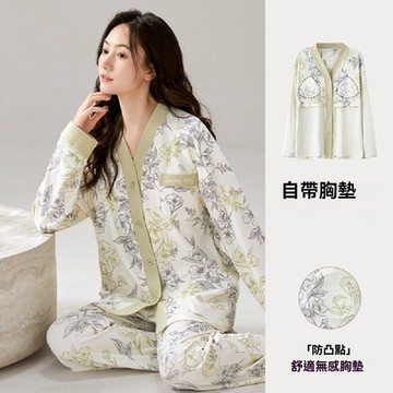 【藍尼居家】現+預 印花開襟衫胸墊家居服睡衣(女睡衣/家居服)